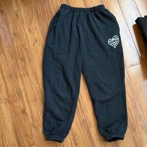 Aespa Karina Same Style Black Fleece Jogger Pants with Heart Accent